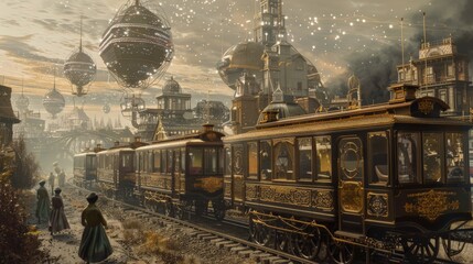 Vintage steampunk scene with ornate trains, airships, and Victorian architecture. People in period attire add to the historic fantasy ambiance.