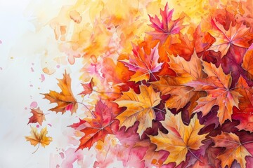 A side view of autumn leaves in vivid reds and golds, capturing falling foliage with intricate details and a sense of movement in a watercolor painting