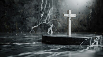 Naklejka premium A white cross is on a marble pedestal