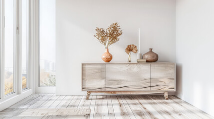 Elegant modern sideboard next to a window in a room bathed with natural lighting. Home interior composition in warm tones.