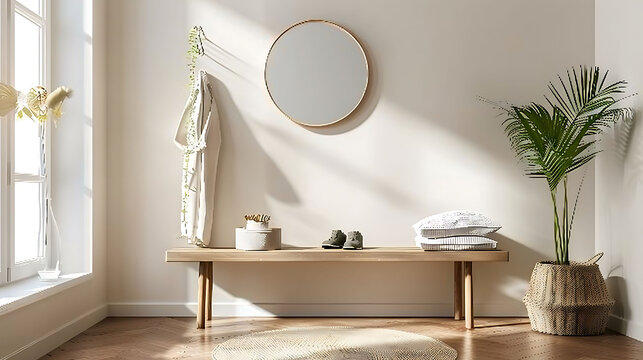 A minimalist entryway featuring clean lines, a bench, and a neutral color palette, captured in HD quality - Powered by Adobe