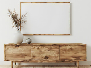 Wooden cabinet with blank white mockup canvas