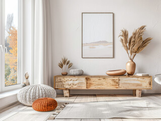 Elegant modern sideboard next to a window in a room bathed with natural lighting. Home interior composition in warm tones.