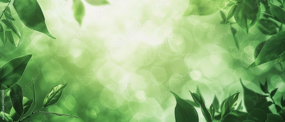 Poster spring nature abstract background with green leaves and bokeh effect - blurred foliage from trees fo