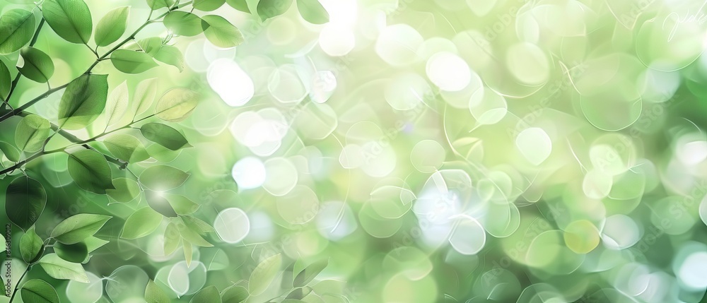 Poster spring nature abstract background with green leaves and bokeh effect - blurred foliage from trees fo