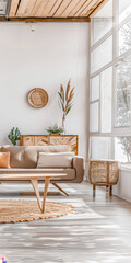 Elegant modern sideboard next to a window in a room bathed with natural lighting. Home interior composition in warm tones.
