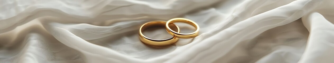 Pair of golden wedding rings on white textile background with copy space. Engagement ring with diamond on fabric backdrop. Symbol of love and marriage