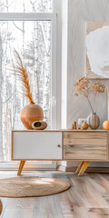 Elegant modern sideboard next to a window in a room bathed with natural lighting. Home interior composition in warm tones.