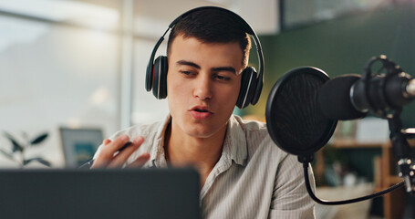 Podcast microphone, headphones and man talking for broadcast with audio recording and virtual...