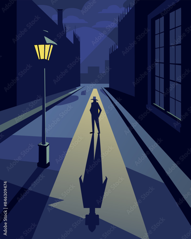 Poster the gaslight flickered casting a long distorted shadow on the empty street giving the impression tha