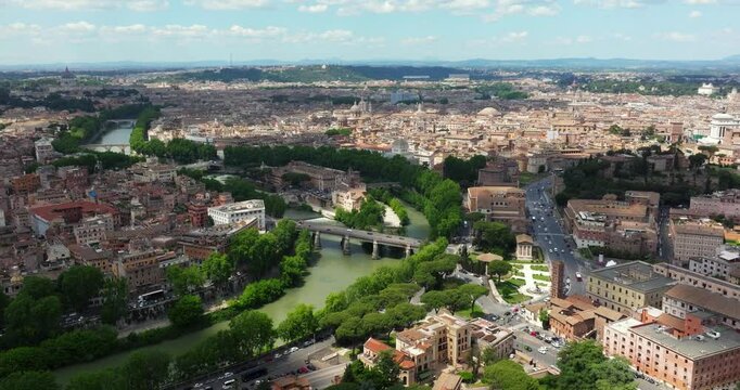 High Aerial View Above Tiber River in Downtown Rome, Italy on Beautiful Summer Day