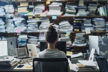 office worker sitting at their desk surrounded by stacks of paperwork
