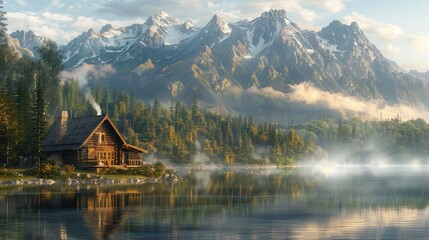 Fototapeta premium The beautiful landscape featured a serene lake with crystal blue water, surrounded by a lush green forest, providing a stunning nature view perfect for summer travel, with trees reflecting in the calm