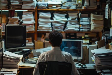 office worker sitting at their desk surrounded by stacks of paperwork