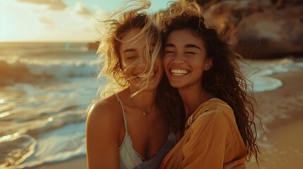 Fototapeta premium Joyful Seaside Embrace Carefree Friendship Captured Against Idyllic Beach Backdrop