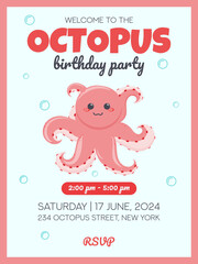 octopus birthday party invitation, pink cute cartoon octopus character with tentacles in kawaii style hand drawn vector illustration