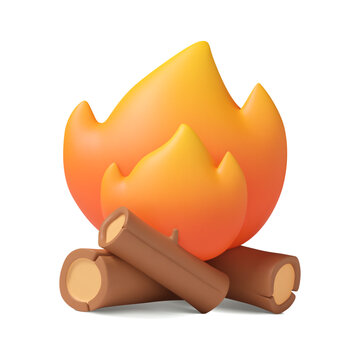 3d campfire with wooden logs. Bonfire in simple plastic style. Isolated vector cartoon element, flame illustration.