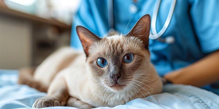 A veterinarian is microchipping a beautiful lilac point Siamese cat at a modern clinic. The cat is calm and curious, creating a serene and professional atmosphere. Perfect for pet care visuals