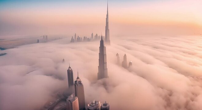 Aerial view of Dubai city center with skyscrapers submerged in fog