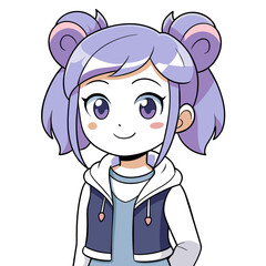 playful anime girl vector art with violet braids, accessorized with colorful bows, wearing a casual outfit including a hoodie and a heart-decorated denim vest, exuding a cheerful and lively energy