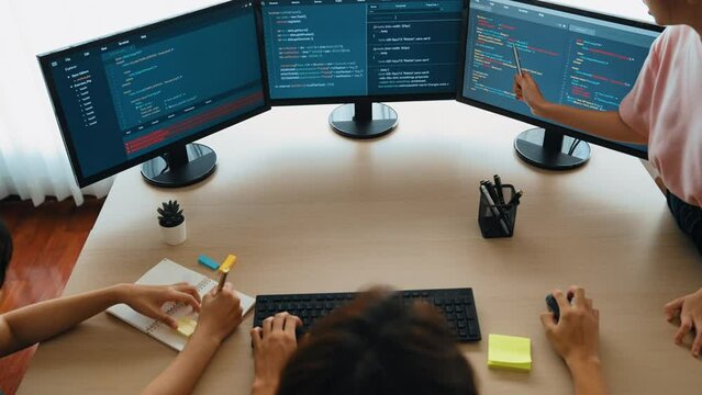 Back end software developer engineer for computer programming working together on debugging writing computing code, solving complex algorithms display on monitor in office. Burgeoning