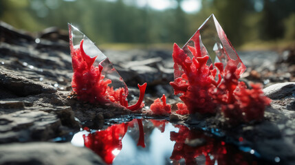 The red fungus was beautifully covered with clear crystals