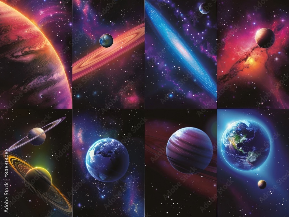 Wall mural a set of eight colorful space images with planets and stars