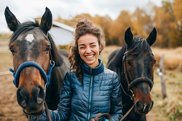 Obraz premium A happy young woman walking next to her horse 