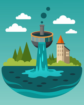 The overfilled reservoir emits a foul odor an unpleasant side effect of the excessive amount of sewage and garbage in its waters.. Vector illustration