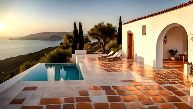 Summer island view with luxury villas complete with swimming pools, sundecks, at sunrise Seamless looping 4k time-lapse animation video background