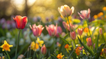 Fototapeta premium Spring garden filled with tulips and daffodils with soft sunlight and blur effect, dreamy bokeh