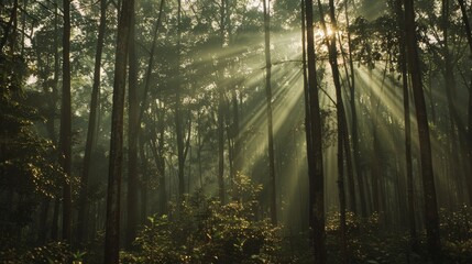 Fototapeta premium A dense forest with tall trees and sunlight filtering through the leaves.
