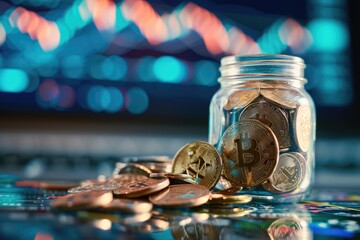 Glass jar with bitcoin coins on blurred background of monitor with color chart of rate change on cryptocurrency exchange. The concept of accumulation and saving of digital money.