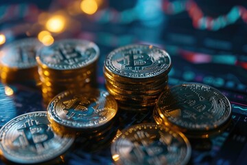 Glass jar with bitcoin coins on blurred background of monitor with color chart of rate change on cryptocurrency exchange. The concept of accumulation and saving of digital money.