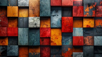 Fototapeta premium An abstract background featuring squares filled with different textures, including marble, wood, and metal, vibrant and bold, hd quality, digital art, geometric design, modern aesthetic, high contrast