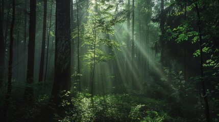 A dense forest with tall trees and sunlight filtering through the leaves.