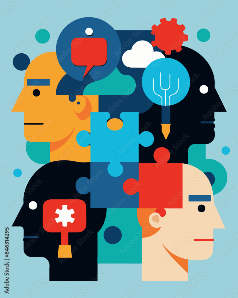 Poster The figures thoughts resemble a chaotic jigsaw puzzle a result of the brainwashing techniques used on them.. Vector illustration