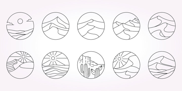 desert line art logo icon template vector illustration set bundle. Oasis Sahara design package