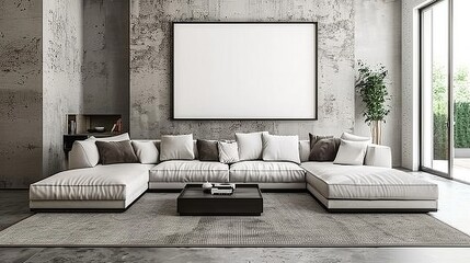 Large white sectional sofa becomes the center of the living room with white walls and empty photo frames accompanied by light coming in from the window