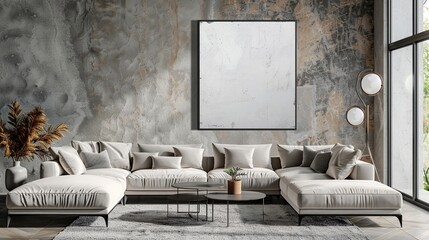 Large white sectional sofa becomes the center of the living room with white walls and empty photo frames accompanied by light coming in from the window