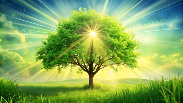 Spring-Summer Panorama with Green Tree, Sunlight, and Sun Rays. Perfect for: seasonal promotions, nature-themed designs, eco-friendly advertisements, social media posts, website banners.