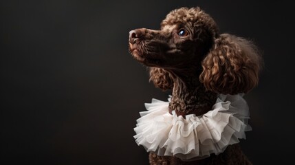 A Poodle in studio attire,Dog with ruffled collar. A curly-coated pet gazes away,sporting an elegant white ruffled collar against a dark backdrop