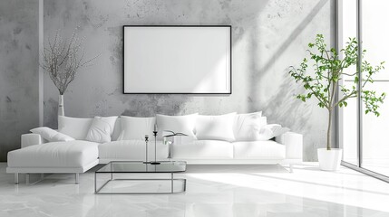 White living room with a large white couch and a glass coffee table. The room is bright and airy, with a large window letting in plenty of natural light. A potted plant sits on a table in the corner