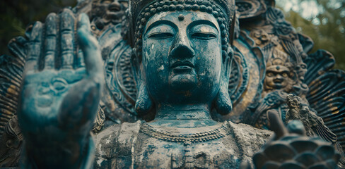 Serene Buddha Statue Against Clear Blue Sky