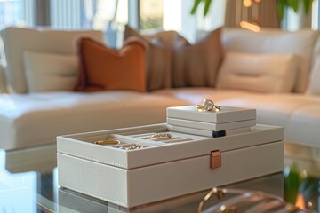 A minimalist jewelry box in sleek white leather, set on a glass-top coffee table, with a few gold and silver rings neatly arranged inside
