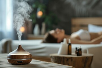 Woman sleeping, relaxing in a room with automatic aroma oil diffuser on a table. A cloud of steam over an electric aroma lamp in a spa center.