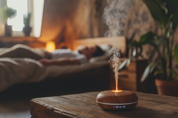 Man sleeping, relaxing in a room with automatic aroma oil diffuser on a table. A cloud of steam over an electric aroma lamp in a spa center.