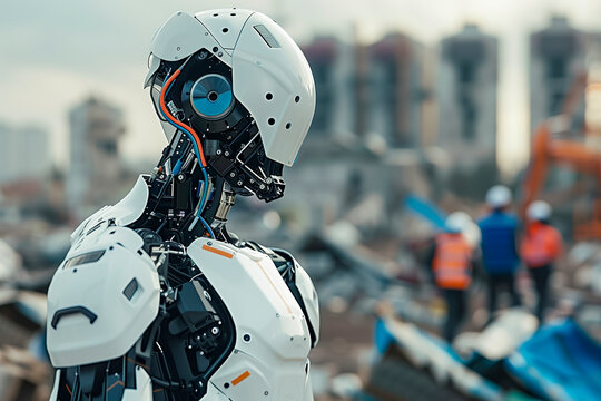 Humanoid Ai robot droid working alongside search and rescue teams in a disaster area
