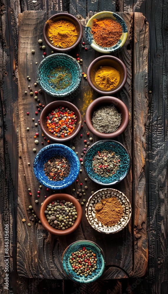 Poster a top-down view of colorful spices arranged in various ceramic bowls on a rustic wooden surface. the