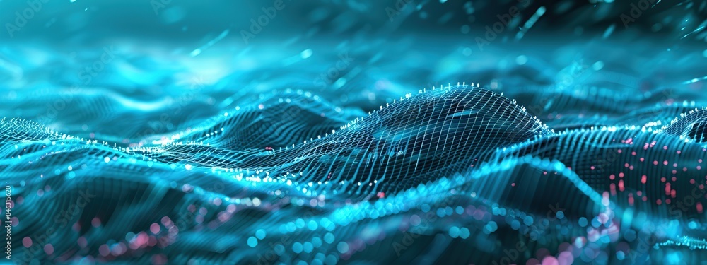 Aufkleber futuristic blue and red waves with many points for digital data processing concept